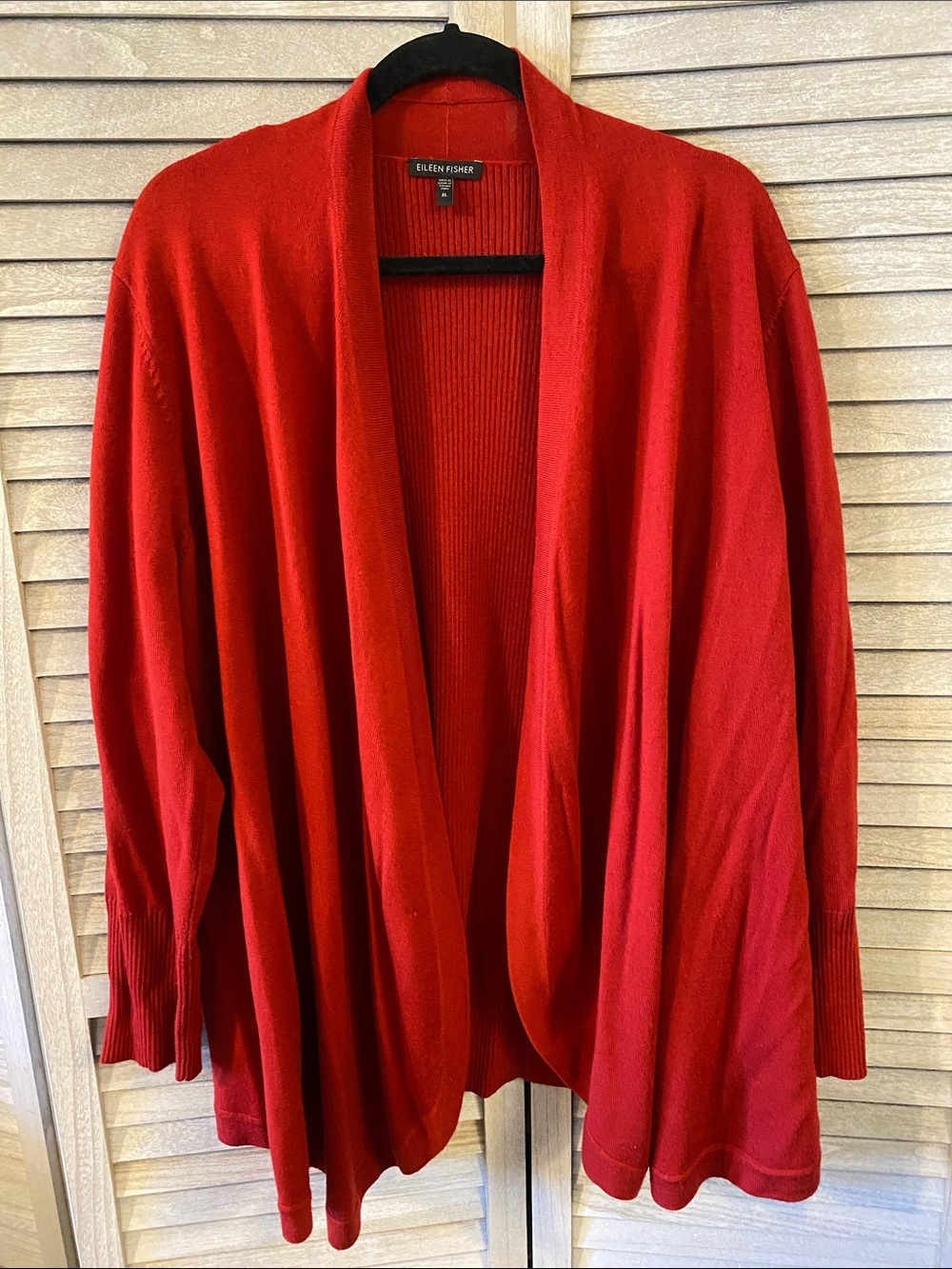 Eileen Fisher Merino Wool Red Open-Front Draped Cardigan